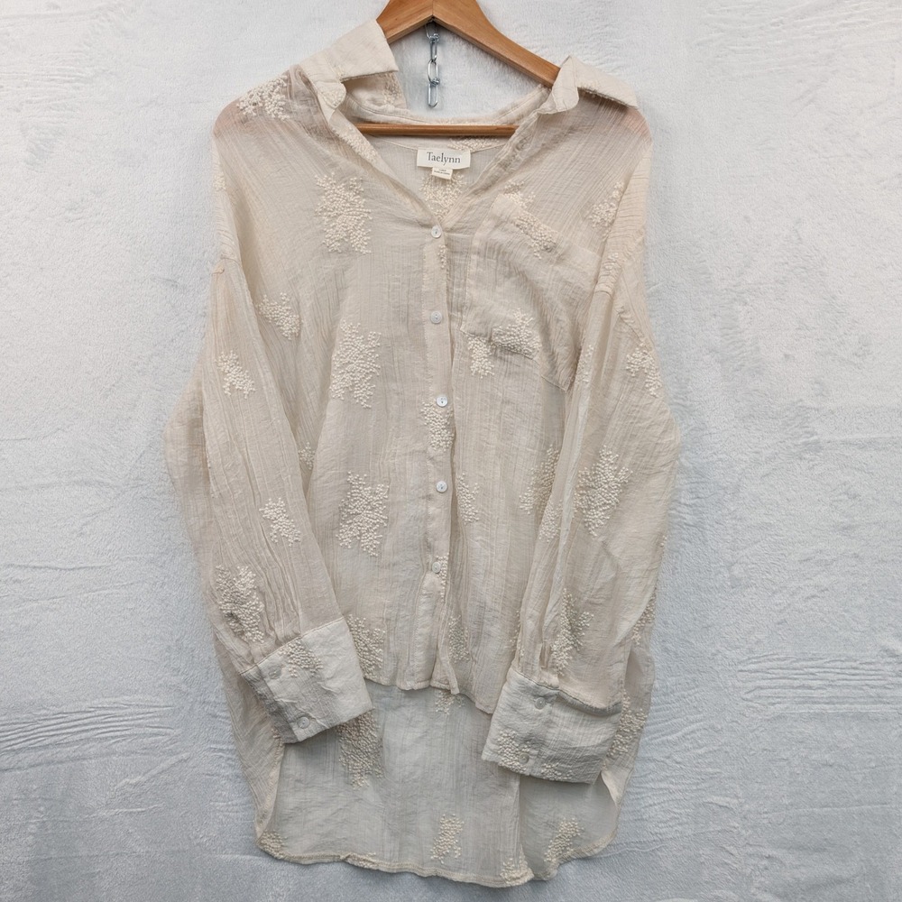 Taelynn Shirt Women's L Cream Tufted Gauze High Low Cottagecore Coquette Floral